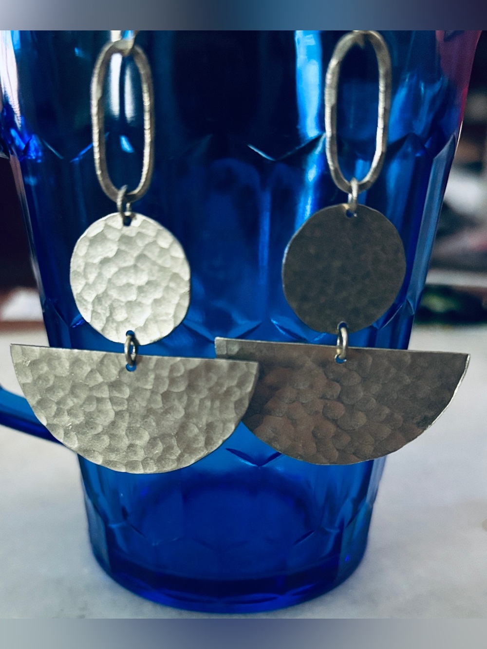 Hammered Silver Metal Geometric Drop Earrings -Handmade in Uganda, Africa NEW